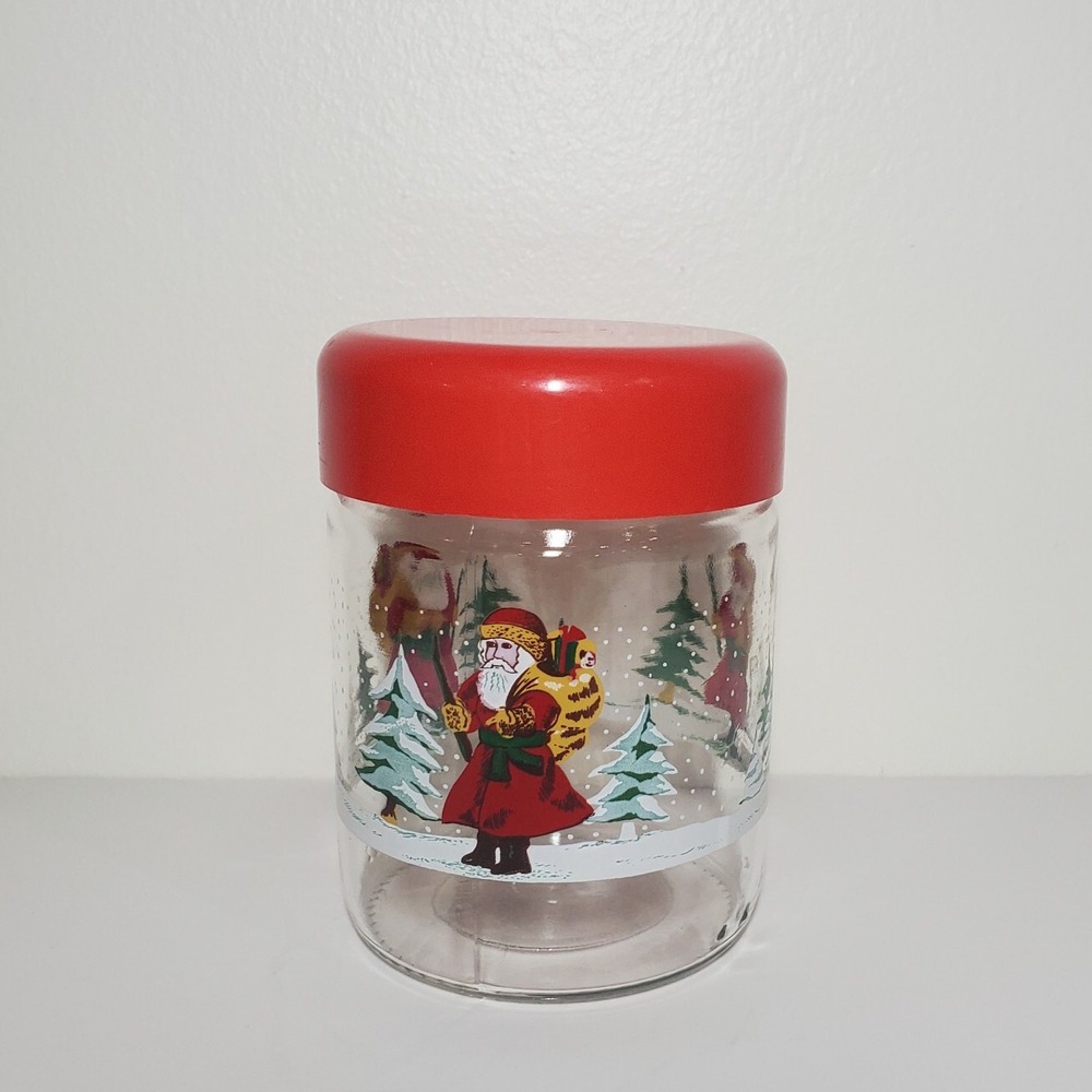 Vintage Christmas Glass Canister Jar 3/4 L‎ Old World Santa Red Lid France 1980s